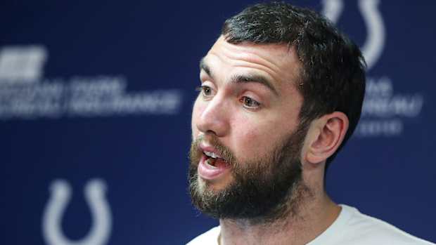 Former Colts quarterback Andrew Luck speaks to media in 2019.